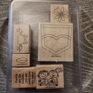 Retired Stampin Up Pocket Fun 2003 Wood Rubber Stamp 6 stamps Frog Friends A1